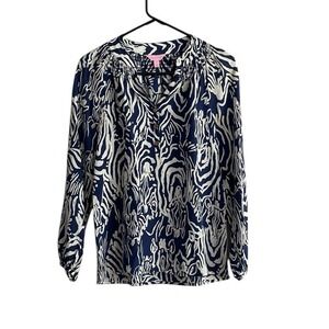 Lilly Pulitzer Women Navy Blue Zebra Print Silk Top Sz XS Gold Buttons